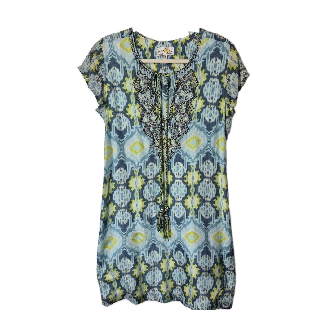 Bella Tu Beaded Ikat Tunic Dress Size Medium Blue Green Mirror Vacation